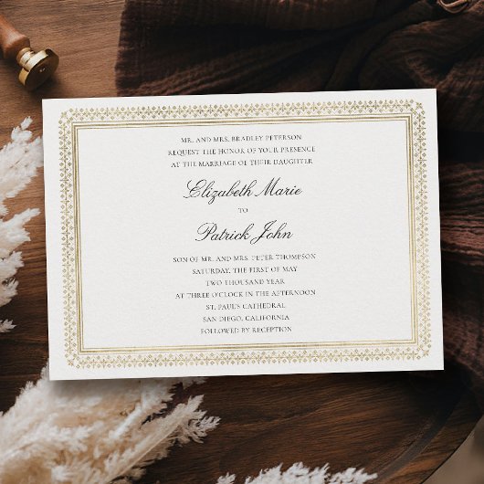 Invitation Mariage Moderne Classique Formel Ivoire Lys Doré