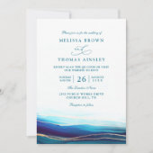 Invitation Mariage Moderne Code QR Océan Or Bleu Marine (Devant)