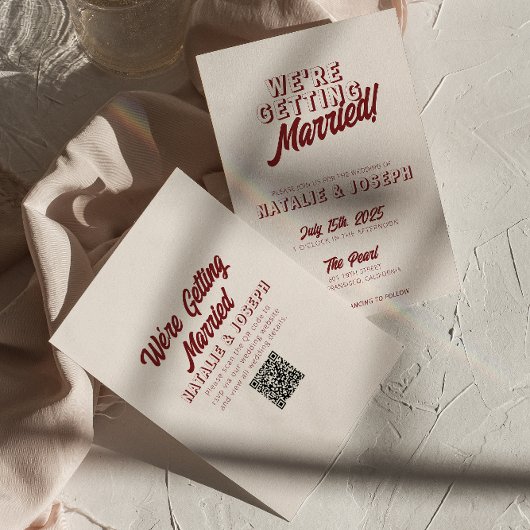 Invitation Mariage moderne code QR rétro gras rouge profond u