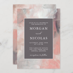 Invitation Mariage moderne corail et pinceau gris poussiéreux
