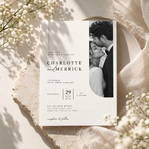 Invitation Mariage Moderne Courbé Photo Noir & Blanc