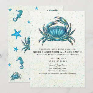 Invitation Mariage Moderne Crabe Bleu de Plage Étoile de Mer 