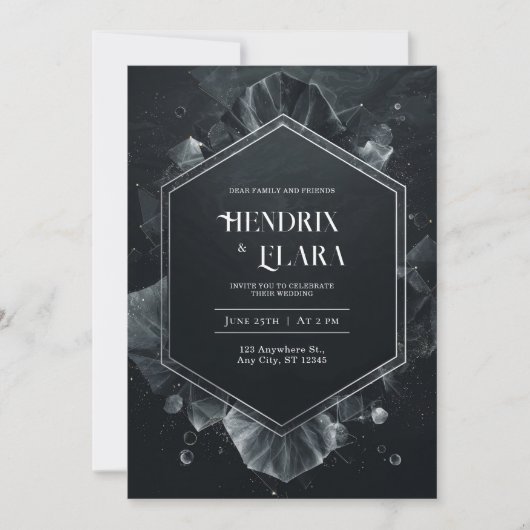 Invitation Mariage Moderne Cristal Hexagone Argent Noir (Devant)