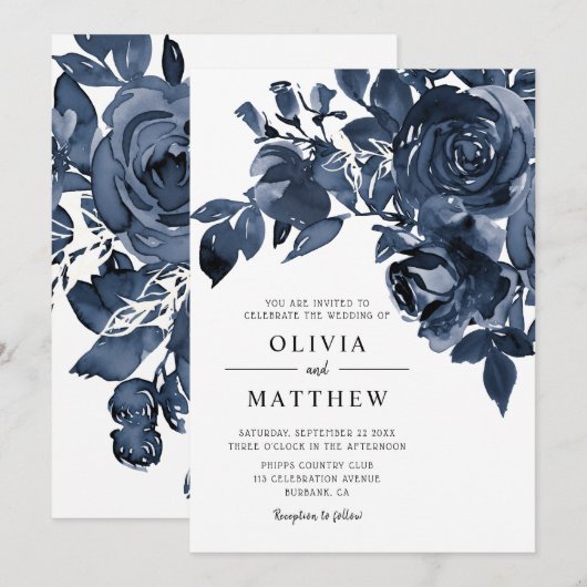 Invitation Mariage moderne de bouquet floral bleu d'encre noi (Devant / Derrière)