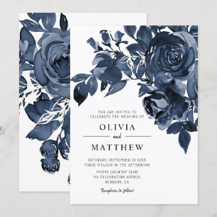 Invitation Mariage moderne de bouquet floral bleu d'encre noi