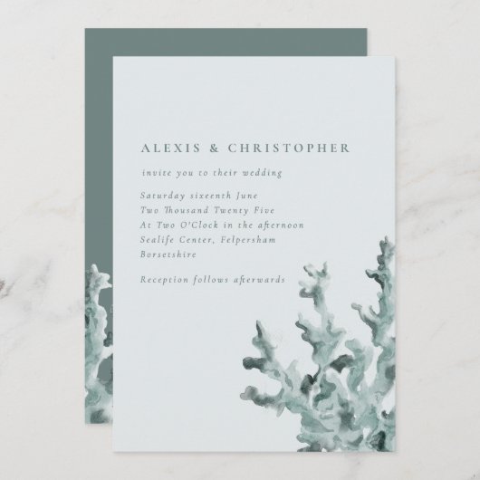 Invitation Mariage moderne de corail de mer vert (Devant / Derrière)