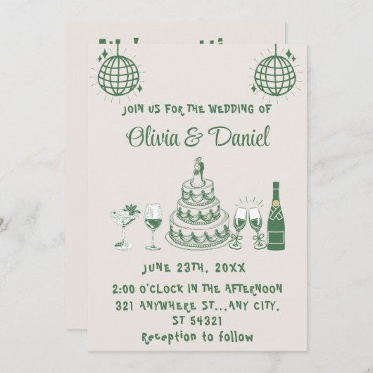 Invitation Mariage moderne de gâteau vert dessiné à la main r (Devant / Derrière)