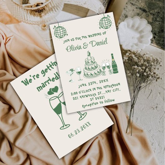 Invitation Mariage moderne de gâteau vert dessiné à la main r