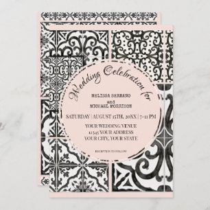 Invitation Mariage moderne de l'Hacienda en mosaïque noire bl