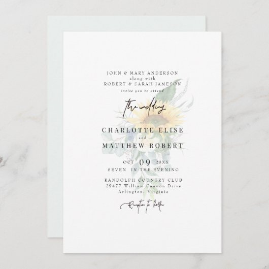 Invitation Mariage moderne de tournesol gris clair (Devant / Derrière)
