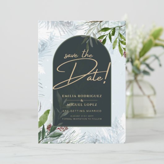 Invitation Mariage Moderne de Verdure d'Hiver Or Date de Rése (Debout devant)