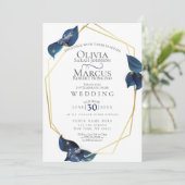 Invitation Mariage | Moderne Deep Indigo Bleu et Or (Debout devant)