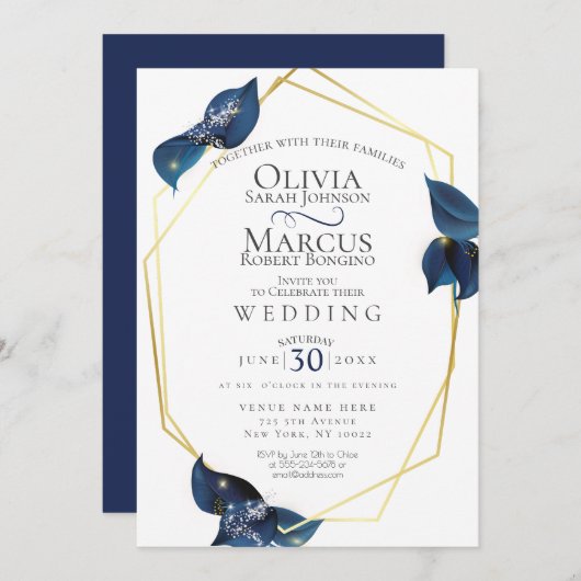 Invitation Mariage | Moderne Deep Indigo Bleu et Or (Devant / Derrière)