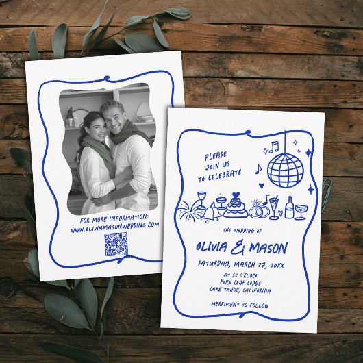 Invitation Mariage moderne Doodle bleu gigogne