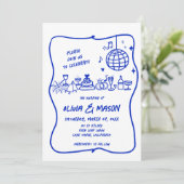 Invitation Mariage moderne Doodle bleu gigogne (Debout devant)
