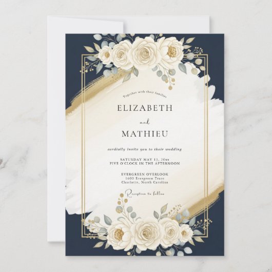 Invitation Mariage Moderne Doré Bleu Marine (Devant)