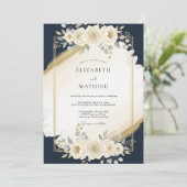 Invitation Mariage Moderne Doré Bleu Marine (Debout devant)