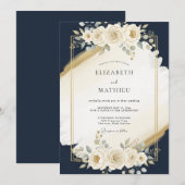 Invitation Mariage Moderne Doré Bleu Marine (Devant / Derrière)