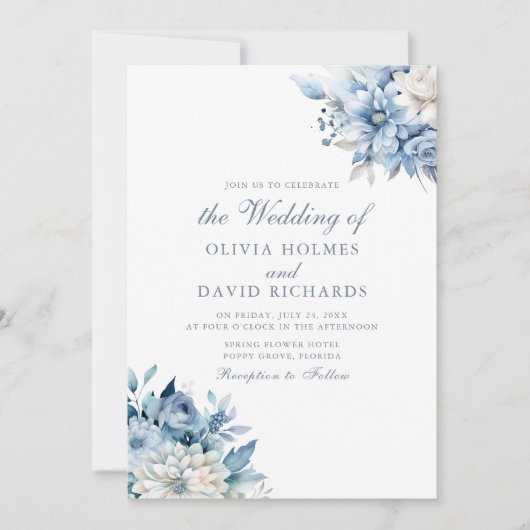 Invitation Mariage moderne Dusty Blue and White Flowers (Devant)