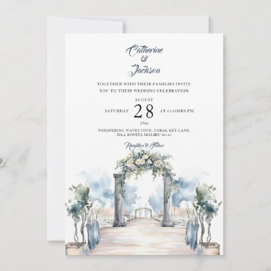 Invitation Mariage moderne Dusty Blue et Aqua Beach (Devant)