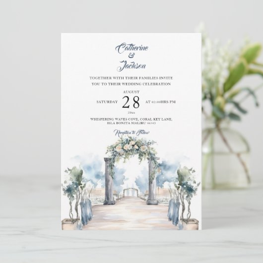 Invitation Mariage moderne Dusty Blue et Aqua Beach (Debout devant)