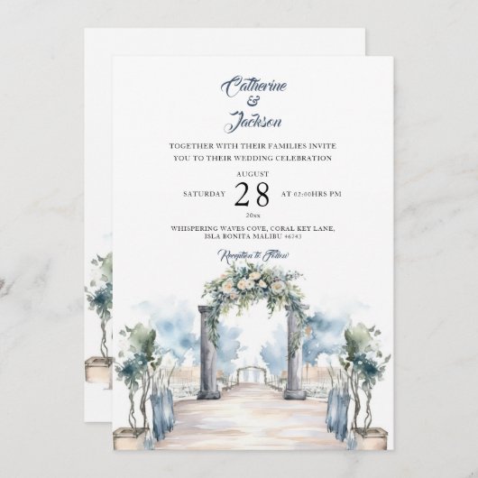 Invitation Mariage moderne Dusty Blue et Aqua Beach (Devant / Derrière)