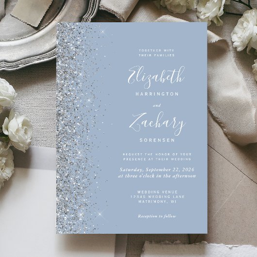 Invitation Mariage moderne Dusty Blue Silver Parties scintill