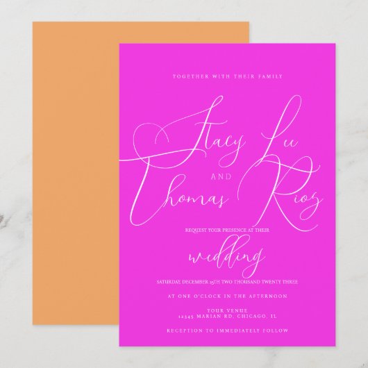 Invitation Mariage Moderne Écriture Jolie Rose Orange (Devant / Derrière)