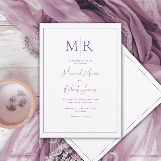 Invitation Mariage Moderne Élégant à Monogramme Violet