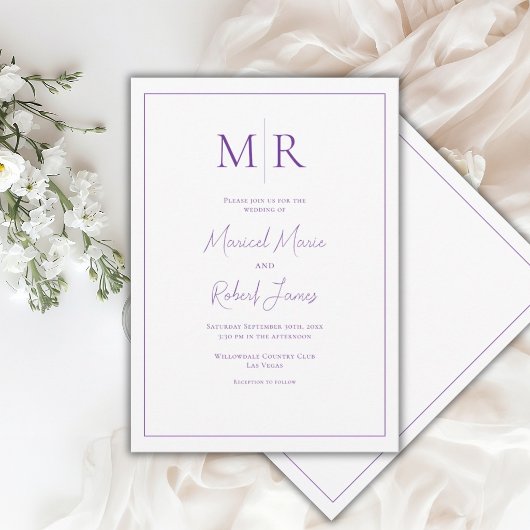 Invitation Mariage Moderne Élégant à Monogramme Violet