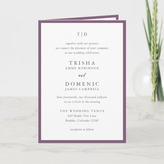 Invitation Mariage Moderne Élégant à Monogramme Violet (Devant)