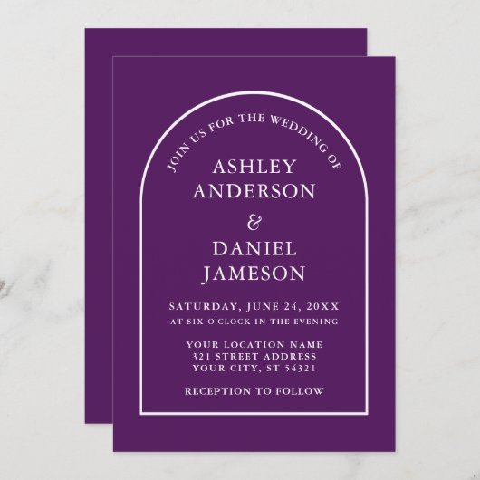 Invitation Mariage moderne élégant Arc violet (Devant / Derrière)