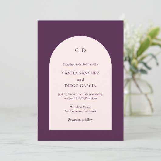 Invitation Mariage Moderne Élégant avec Arche Violette (Debout devant)