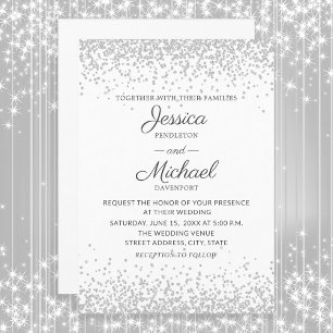 Invitation Mariage Moderne Élégant Blanc Paillettes Argentées