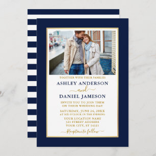 Invitation Mariage moderne Elegant Bleu Gratté Or