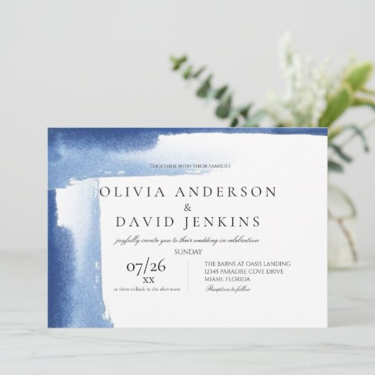 Invitation Mariage moderne Elégant Blue Ocean Beach Mariage (Debout devant)