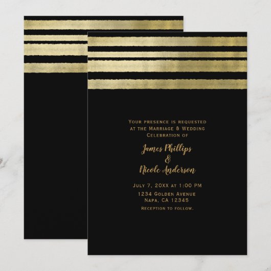 Invitation Mariage Moderne Élégant Chic Or et Noir (Devant / Derrière)