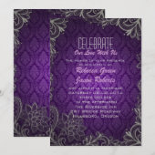 Invitation mariage moderne élégant damas violet (Devant / Derrière)