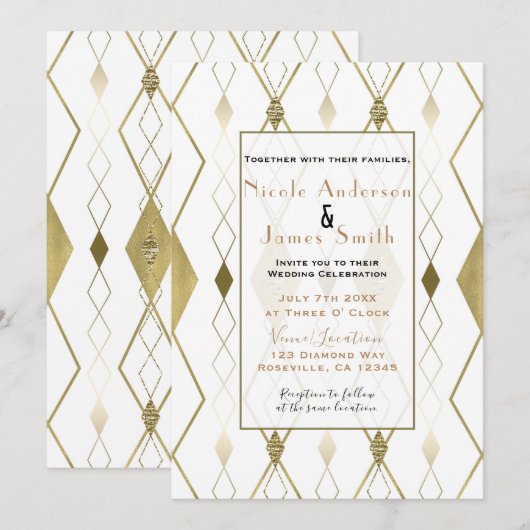Invitation Mariage Moderne Élégant Diamant Blanc Et Or (Devant / Derrière)
