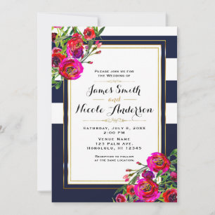 Invitation Mariage Moderne Élégant Fleurs Bleues & Or Gras