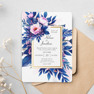 Invitation Mariage Moderne Élégant Fleurs Rose Bleu Cobalt