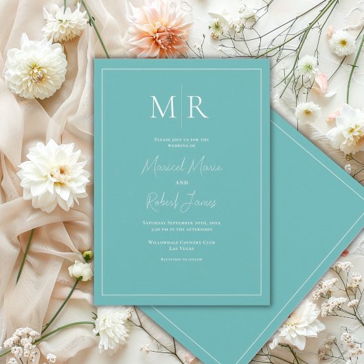 Invitation Mariage Moderne Élégant Monogramme Sarcelle