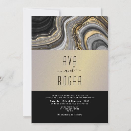 Invitation Mariage moderne élégant noir et or (Devant)