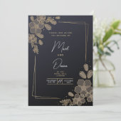 Invitation Mariage moderne élégant noir et or (Debout devant)