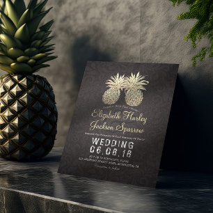 Invitation Mariage moderne Élégant Noir Or Ananas Couple