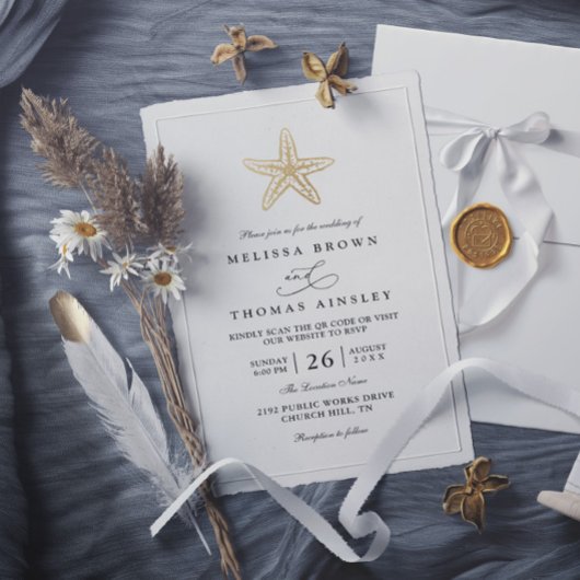 Invitation Mariage Moderne Élégant Or Coquillage Simple Class