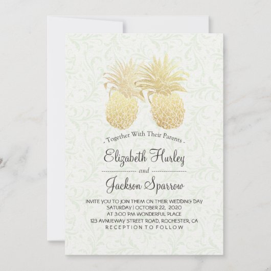 Invitation Mariage moderne Élégant Or Huile d'ananas Couple (Devant)