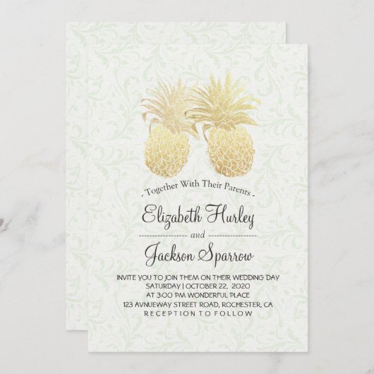 Invitation Mariage moderne Élégant Or Huile d'ananas Couple (Devant / Derrière)