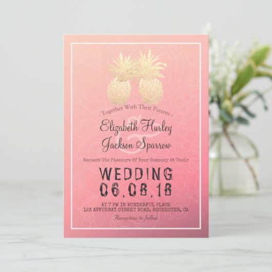Invitation Mariage moderne Élégant Or Huile d'ananas Couple (Debout devant)