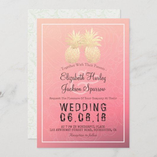 Invitation Mariage moderne Élégant Or Huile d'ananas Couple (Devant / Derrière)
